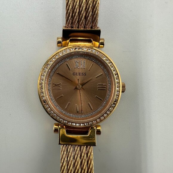 Guess Watch Women Rose Gold Tone Crystal Bezel Twisted Wire Band New Battery - Picture 1 of 14